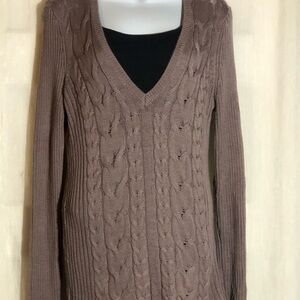 Cable Knit V-Neck Sweater - Brown